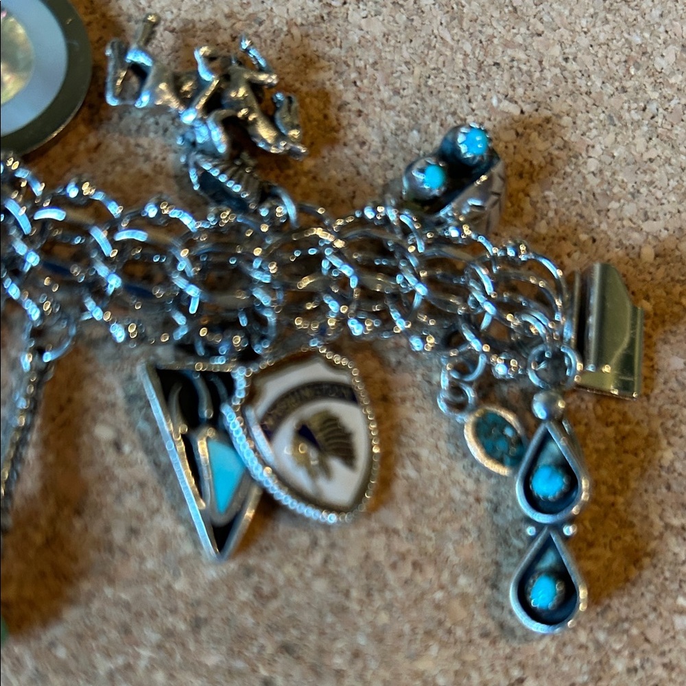 NAVAJO STERLING SILVER
CHARM BRACELET 7.5" TURQUOISE WITH 20ster/turq/etc charms - Picture 2 of 7
